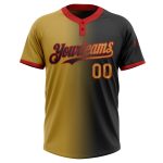 Personalized Unisex Softball Jersey with Black Old Gold-Red Gradient, Two-Button Style Personalized Black Old Gold-Red Gradient