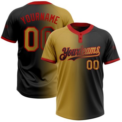 Personalized Unisex Softball Jersey with Black Old Gold-Red Gradient, Two-Button Style Personalized Black Old Gold-Red Gradient