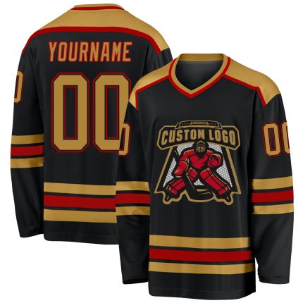 Personalized Hockey Jersey Black Gold Red Custom Design for Fans Personalized Black Old Gold-Red Hockey Jersey 2