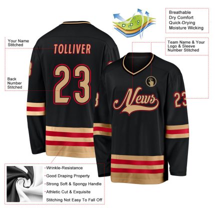 Custom Name and Number Black Gold-Red Hockey Jersey - Personalized Team Jersey Personalized Black Old Gold-Red Hockey Jersey