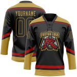 Personalized Black Gold Red Hockey Jersey with Lace Neck Design for Fans Personalized Black Old Gold-Red Hockey Lace Neck