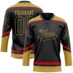 Personalized Black Gold Red Hockey Jersey with Lace Neck Design for Fans Personalized Black Old Gold-Red Hockey Lace Neck
