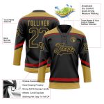 Personalized Black Gold Red Hockey Jersey with Lace Neck Design for Fans Personalized Black Old Gold-Red Hockey Lace Neck