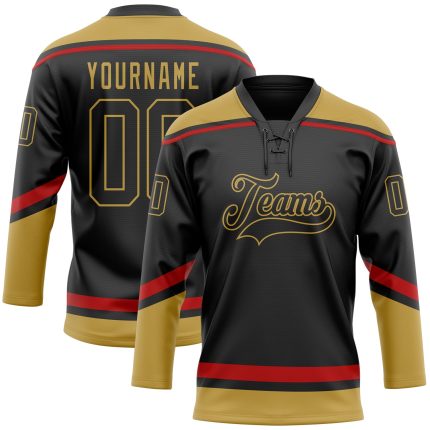 Custom Team Hockey Jersey with Lace Neck - Personalized Black Old Gold-Red with Name and Number Personalized Black Old Gold-Red