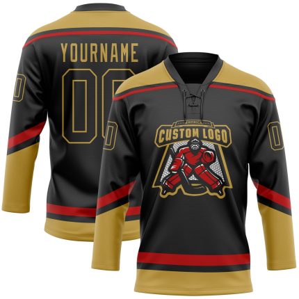 Custom Team Hockey Jersey with Lace Neck - Personalized Black Old Gold-Red with Name and Number Personalized Black Old Gold-Red