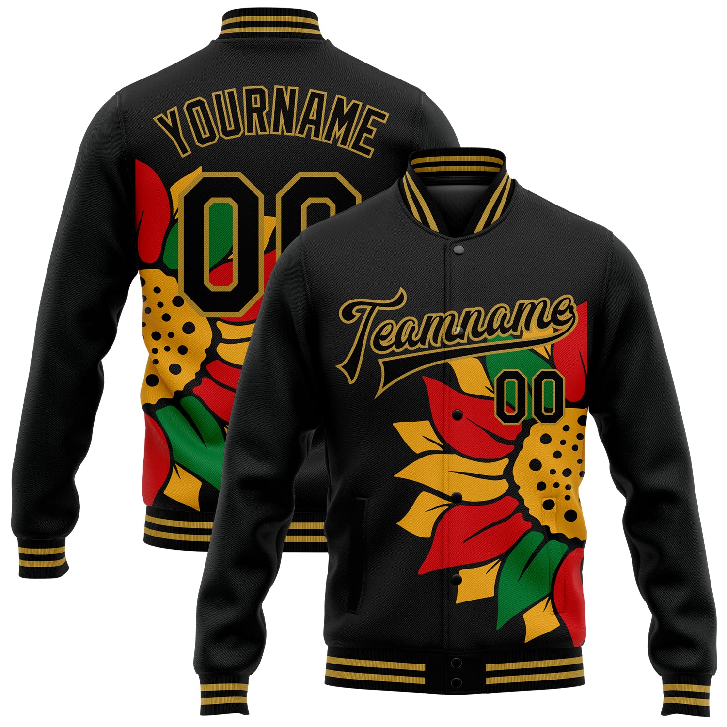 Personalized Black Old Gold Red Kelly Green 3D Bomber Varsity Letterman Jacket for Black History Month Personalized Black