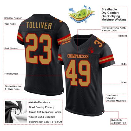 Custom Black Gold Red Mesh Football Jersey with Personalized Name and Number - Authentic Team Apparel Personalized Black