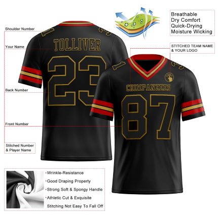 Custom Black Old Gold-Red Mesh Football Jersey for Men and Women Personalized Black Old Gold-Red Mesh Football Jersey 2