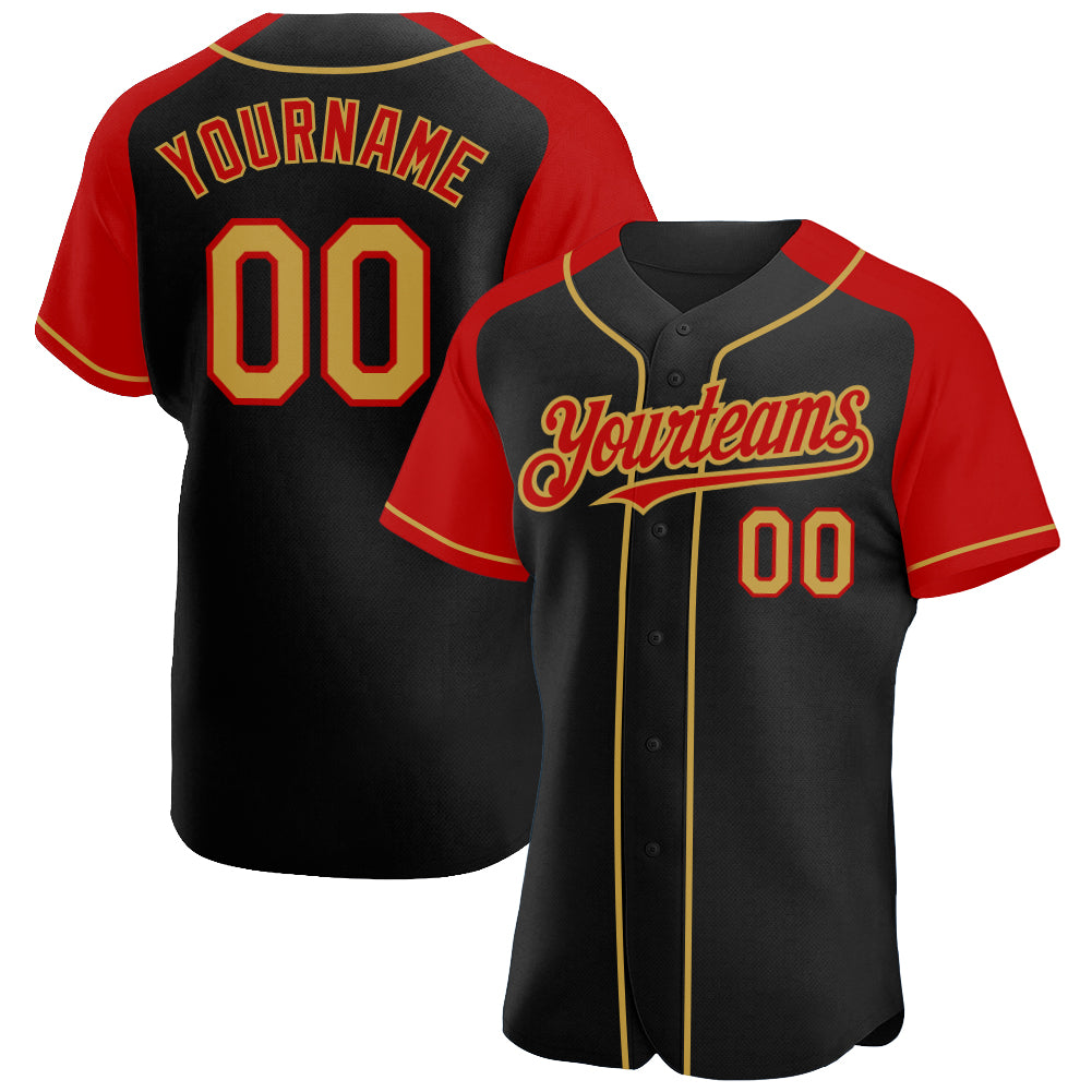 Personalized Black Gold Red Baseball Jersey with Raglan Sleeves Personalized Black Old Gold-Red Raglan Sleeves Baseball Jersey