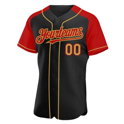 Personalized Black Gold Red Baseball Jersey with Raglan Sleeves Personalized Black Old Gold-Red Raglan Sleeves Baseball Jersey