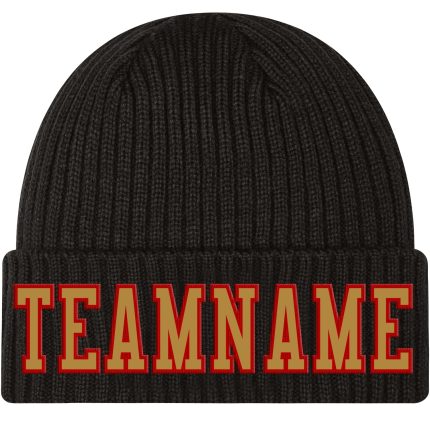 Custom Personalized Knit Hat with Black, Gold, and Red Stitched Cuff - Team Name and Number Personalized Black Old Gold-Red