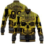 Custom Black Gold Skull Butterfly 3D Varsity Letterman Bomber Jacket Personalized Black Old Gold Skull Butterfly 3D Bomber