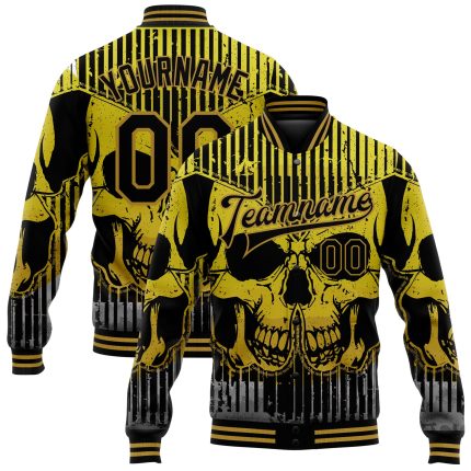 Custom Black Gold Skull Butterfly 3D Varsity Letterman Bomber Jacket Personalized Black Old Gold Skull Butterfly 3D Bomber