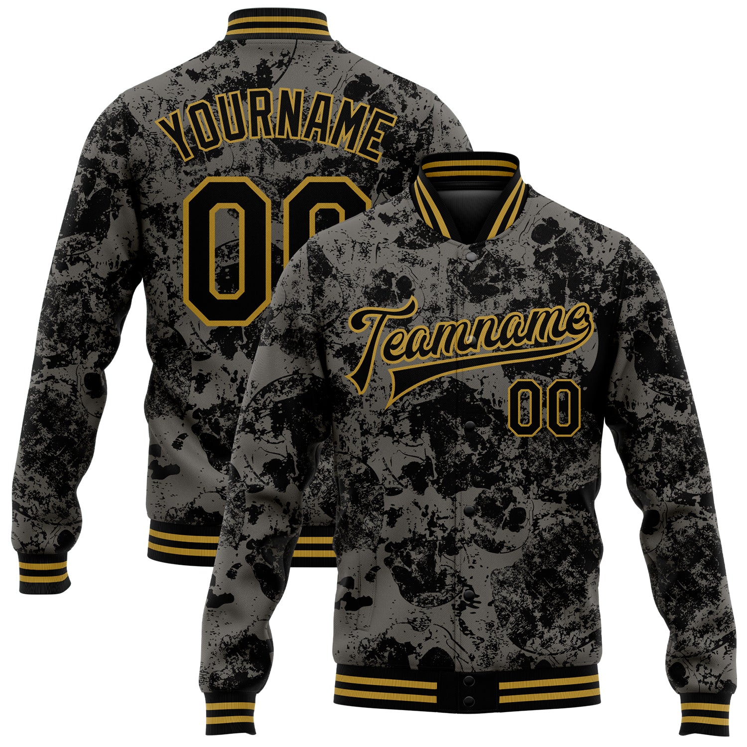 Personalized Black Gold Skull 3D Varsity Letterman Bomber Jacket for Men & Women Personalized Black Old Gold Skull Fashion
