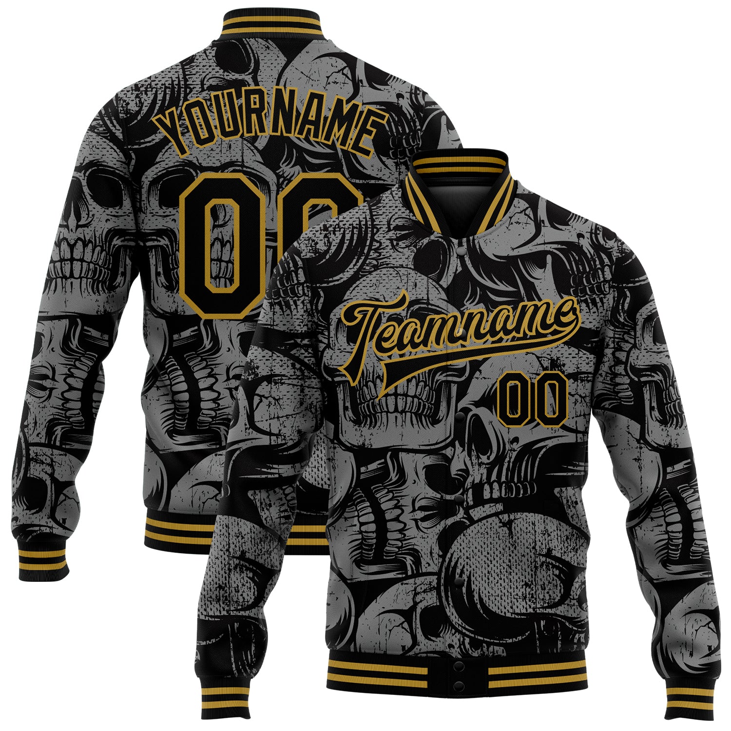 Personalized Black Gold Skull 3D Varsity Letterman Jacket - Fashion Bomber Full-Snap Personalized Black Old Gold Skull Fashion