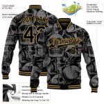 Personalized Black Gold Skull 3D Varsity Letterman Jacket - Fashion Bomber Full-Snap Personalized Black Old Gold Skull Fashion