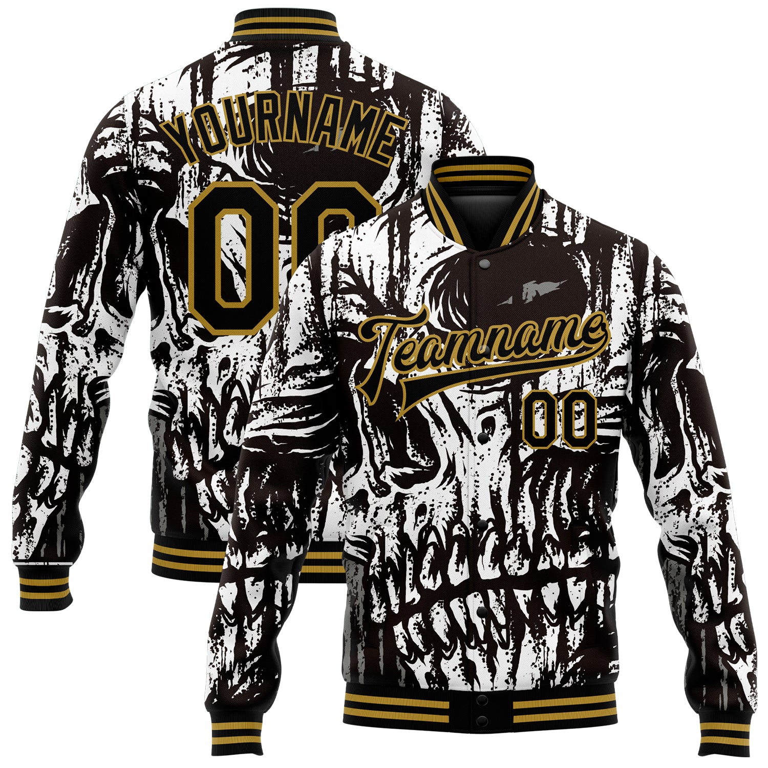 Personalized Black and Gold Skull 3D Varsity Letterman Bomber Jacket for Men Personalized Black Old Gold Skull Fashion 3D