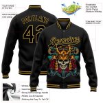 Personalized Black Gold Skull 3D Varsity Letterman Bomber Jacket - Full-Snap Fashion Outerwear Personalized Black Old Gold