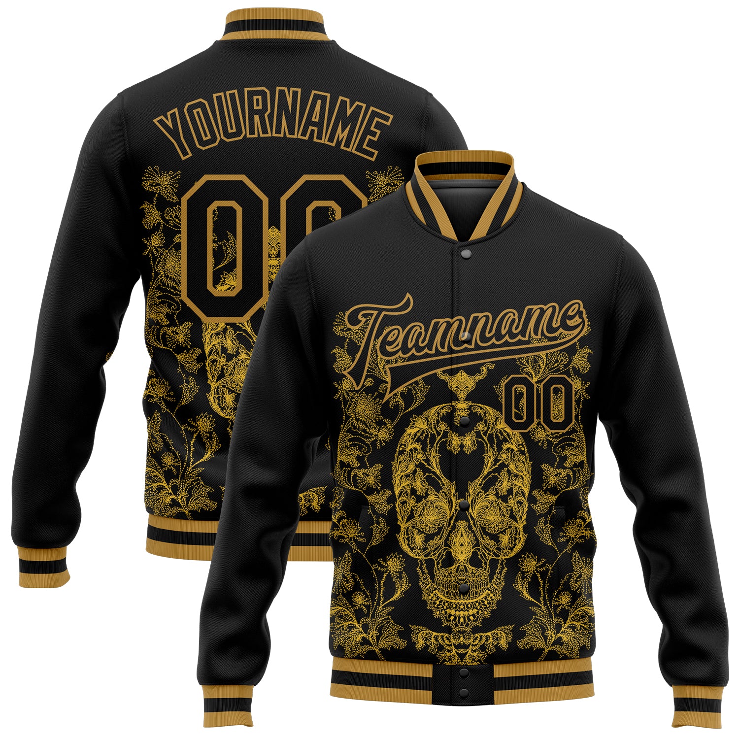 Personalized Black Gold Skull 3D Fashion Varsity Letterman Bomber Jacket Personalized Black Old Gold Skull Fashion 3D Bomber