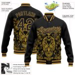 Custom Name Number Black Gold Skull 3D Varsity Letterman Bomber Jacket Full-Snap Fashion Team Apparel Personalized Black