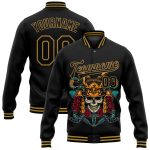 Personalized Black Gold Skull 3D Varsity Letterman Bomber Jacket - Full-Snap Fashion Outerwear Personalized Black Old Gold