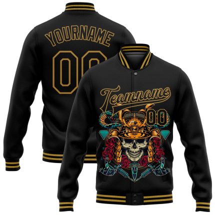 Personalized Black Gold Skull 3D Varsity Letterman Bomber Jacket - Full-Snap Fashion Outerwear Personalized Black Old Gold