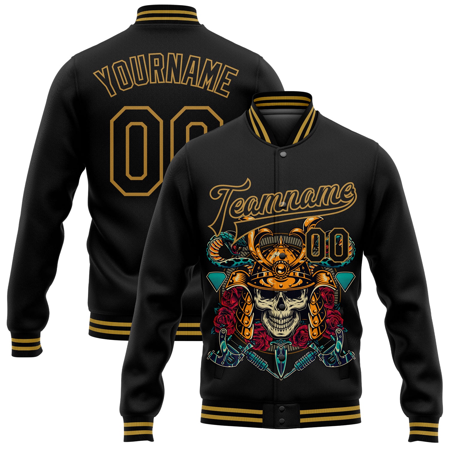 Personalized Black Gold Skull 3D Varsity Letterman Bomber Jacket - Full-Snap Fashion Outerwear Personalized Black Old Gold