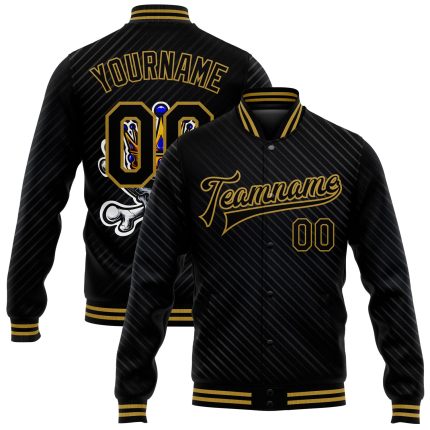 Personalized Black and Gold Skull Crown 3D Varsity Full-Snap Bomber Jacket Personalized Black Old Gold Skull Gold Crown And