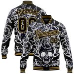 Personalized Black Gold Skull Peonies 3D Bomber Varsity Letterman Jacket Personalized Black Old Gold Skull Peonies 3D Bomber