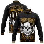 Personalized Black Old Gold Skull Wing 3D Varsity Letterman Bomber Jacket Personalized Black Old Gold Skull Wing 3D Bomber