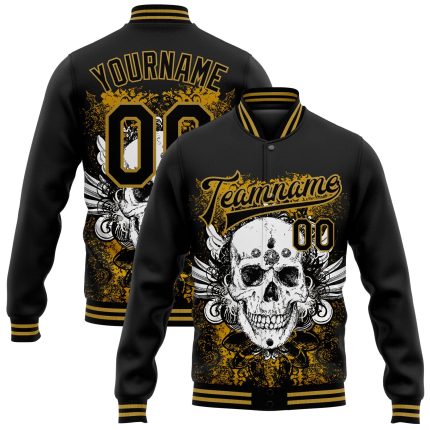 Personalized Black Old Gold Skull Wing 3D Varsity Letterman Bomber Jacket Personalized Black Old Gold Skull Wing 3D Bomber