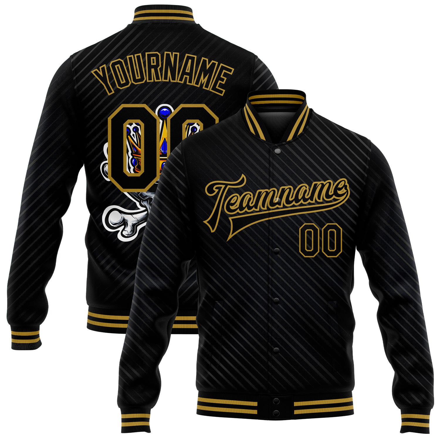 Custom Personalized Black and Gold Skull Jacket with Crown and Bones - 3D Bomber Varsity Letterman Style, Custom Name and Number