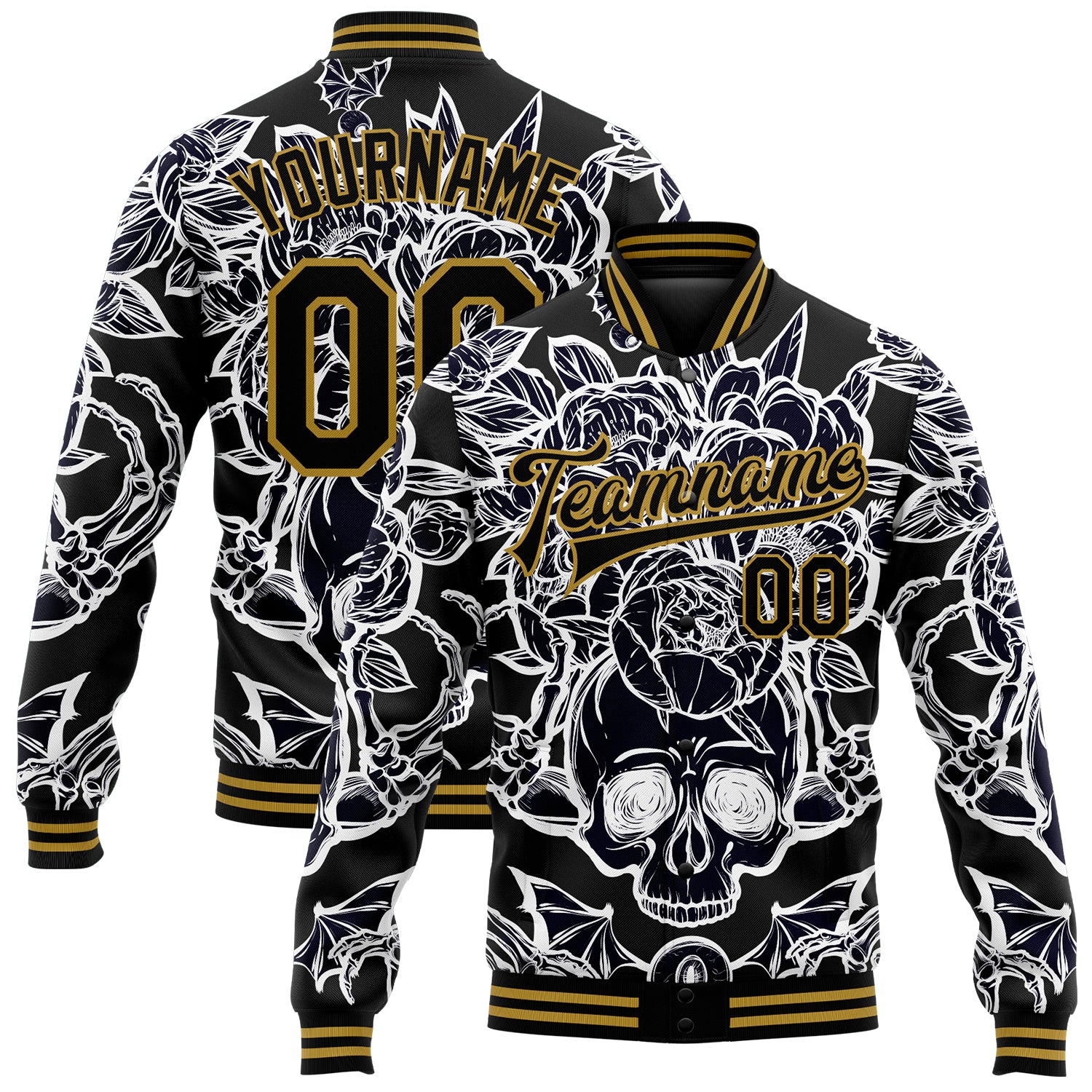 Customizable Black Gold Skull Peonies 3D Varsity Letterman Jacket with Team Name and Number - Full-Snap Bomber Style Personalized