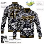 Customizable Black Gold Skull Peonies 3D Varsity Letterman Jacket with Team Name and Number - Full-Snap Bomber Style Personalized