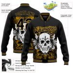 Custom Name Number 3D Bomber Varsity Jacket Black Old Gold Skull Wings Full-Snap Design Personalized Black Old Gold Skull