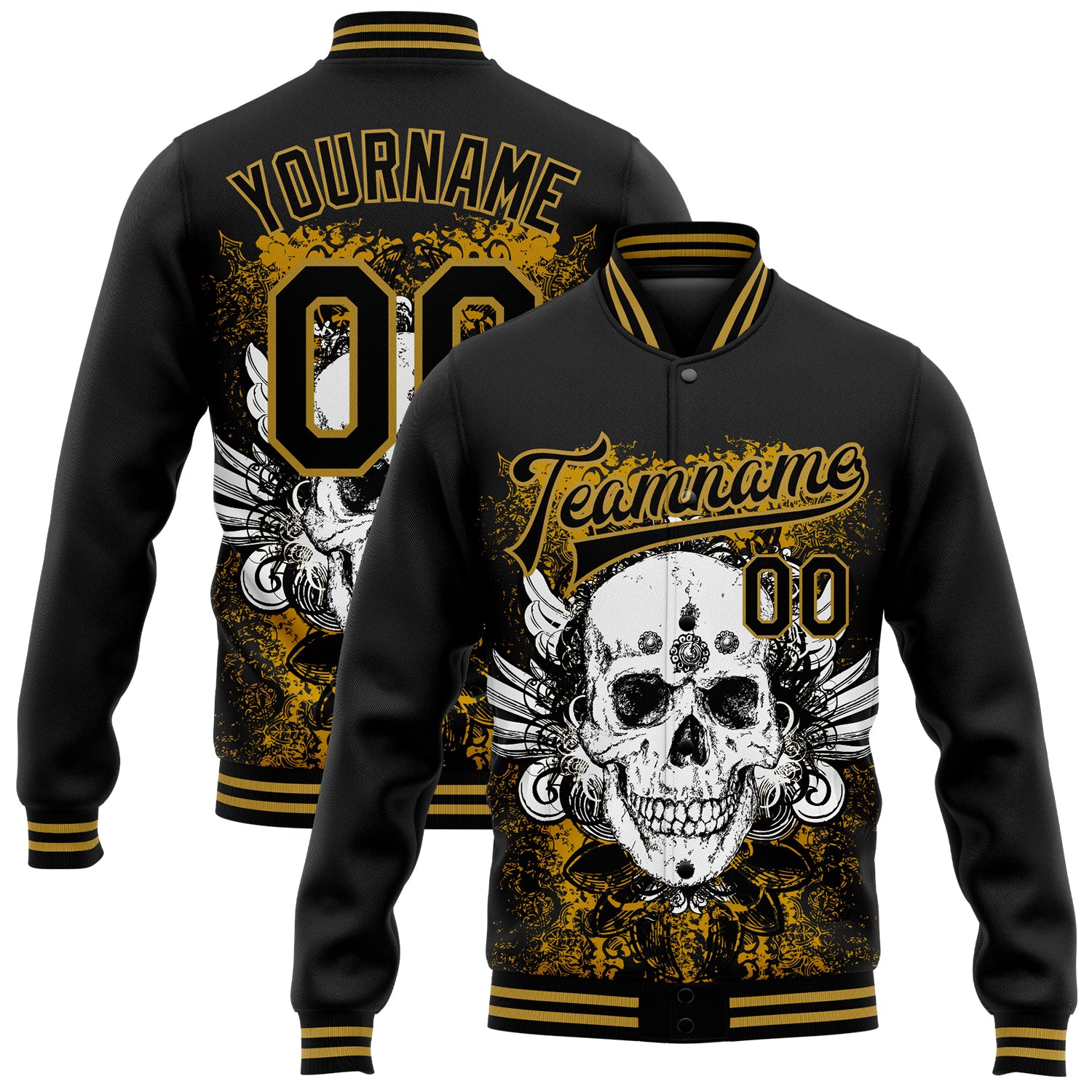 Custom Name Number 3D Bomber Varsity Jacket Black Old Gold Skull Wings Full-Snap Design Personalized Black Old Gold Skull