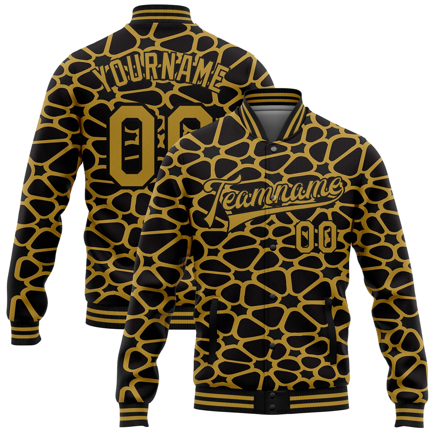 Custom Name Number Varsity Letterman Jacket Personalized Black Gold 3D Pattern Bomber Full-Snap Design for Team Personalized