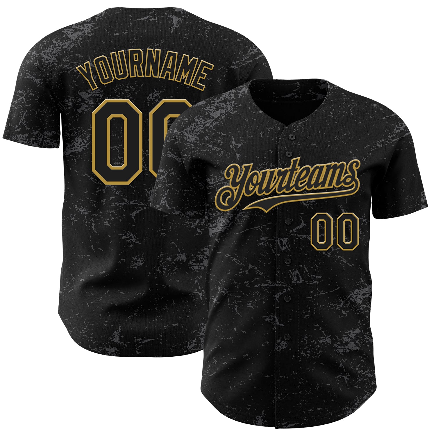 Custom Name and Number Personalized Baseball Jersey in Black Old Gold and Steel Gray 3D Abstract Splatter Pattern Design