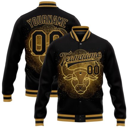 Personalized Taurus 3D Black Gold Varsity Letterman Bomber Full-Snap Jacket Personalized Black Old Gold Taurus 3D Bomber