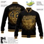 Personalized Taurus 3D Black Gold Varsity Letterman Bomber Full-Snap Jacket Personalized Black Old Gold Taurus 3D Bomber