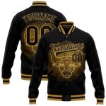 Custom Name Number Black Gold Taurus 3D Pattern Bomber Varsity Jacket Full-Snap Letterman Team Design Personalized Black