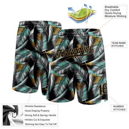 Personalized 3D Hawaii Palm Trees Basketball Shorts in Black, Old Gold, Teal Personalized Black Old Gold-Teal 3D Hawaii Palm