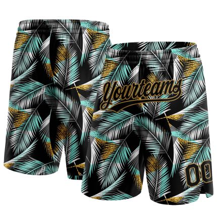 Custom Name & Number Personalized 3D Pattern Hawaii Palm Trees Basketball Shorts in Black, Old Gold & Teal - Authentic Team Gear