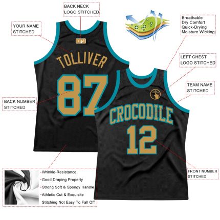 Personalized Basketball Jersey in Black Old Gold and Teal - Custom Throwback Style Personalized Black Old Gold-Teal Throwback
