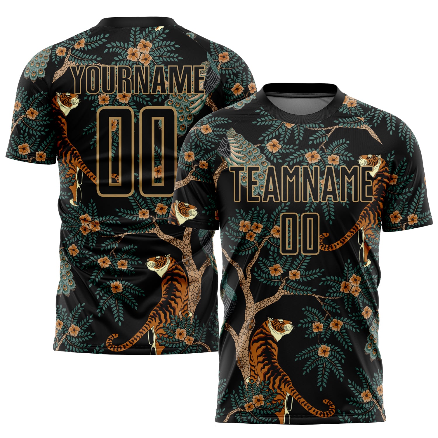 Personalized Black Tiger Peacock Sublimation Jersey for Soccer Uniform Personalized Black Old Gold Tiger And Peacock Sublimation