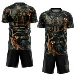 Personalized Black Tiger Peacock Sublimation Jersey for Soccer Uniform Personalized Black Old Gold Tiger And Peacock Sublimation