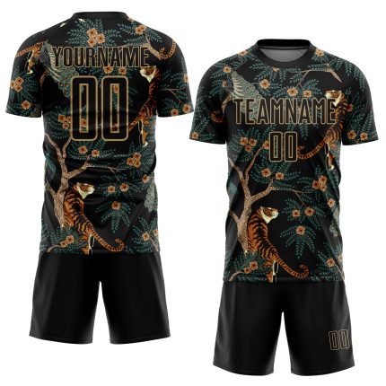 Personalized Black Tiger Peacock Sublimation Jersey for Soccer Uniform Personalized Black Old Gold Tiger And Peacock Sublimation