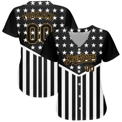 Personalized 3D American Flag Baseball Jersey in Black, Old Gold, and White - Custom Sports Apparel Personalized Black Old