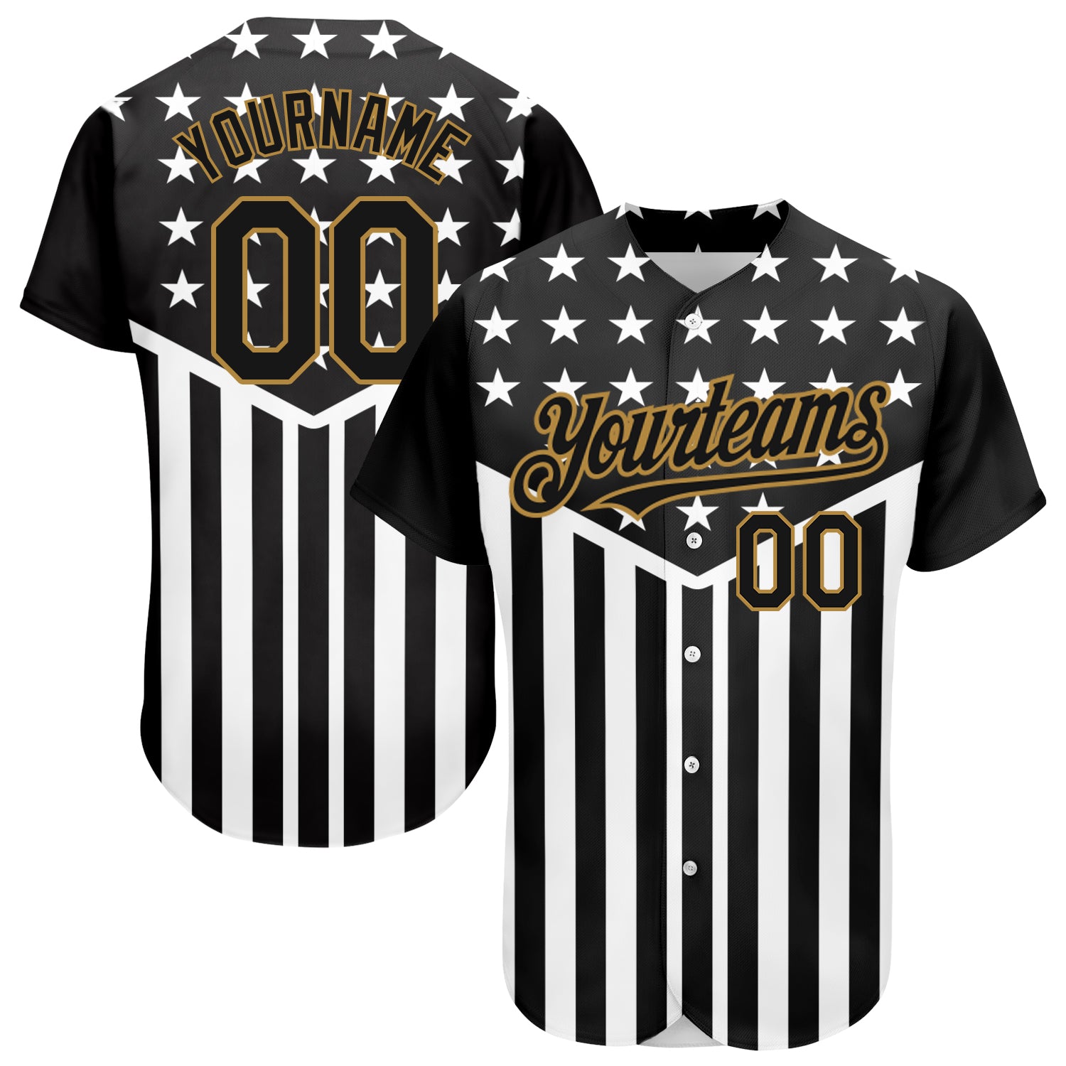 Personalized 3D American Flag Baseball Jersey in Black, Old Gold, and White - Custom Sports Apparel Personalized Black Old