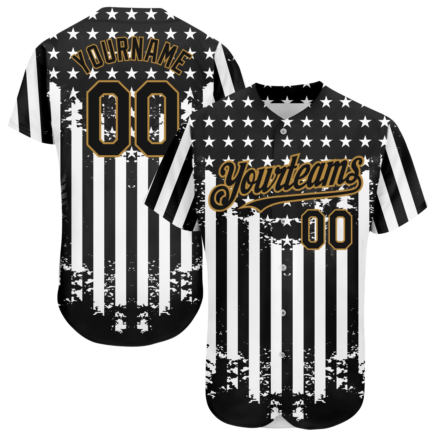Personalized 3D American Flag Baseball Jersey in Black Old Gold-White Personalized Black Old Gold-White 3D American Flag